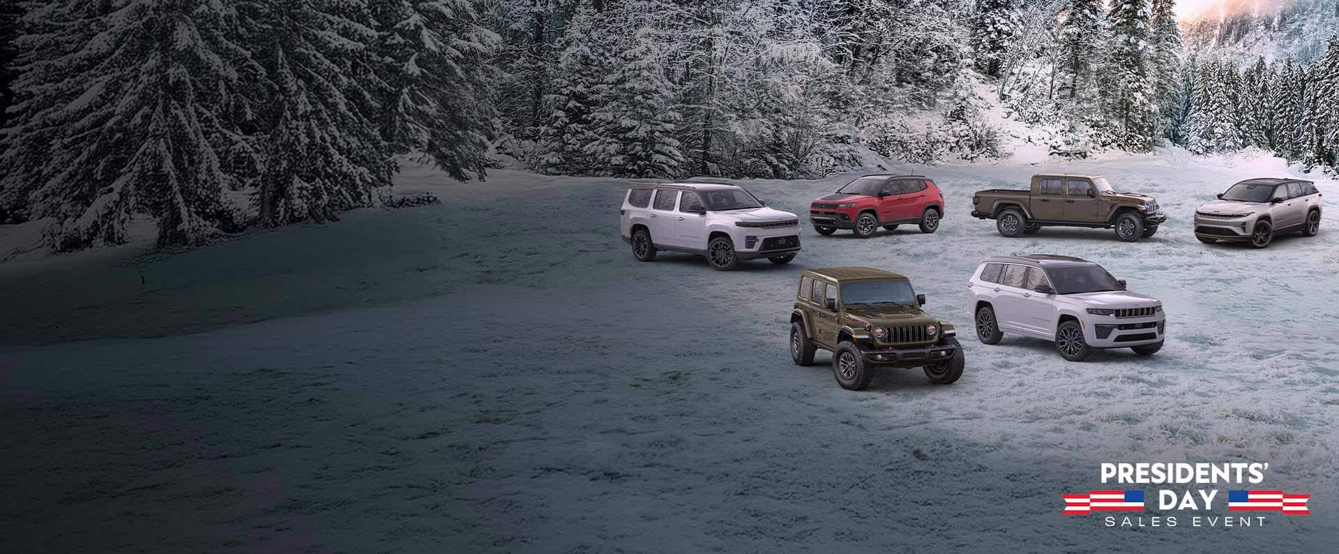 A lineup of six 2025 Jeep Brand vehicles parked on a snow-covered clearing with a forest in the background. In the front row: an olive drab Wrangler Rubicon and a white Grand Cherokee Summit. In the back row: a white Grand Wagoneer Summit Obsidian, a red Compass Trailhawk, an olive drab Gladiator Mojave and a white Wagoneer S Launch Edition. The Presidents' Day Sales Event.