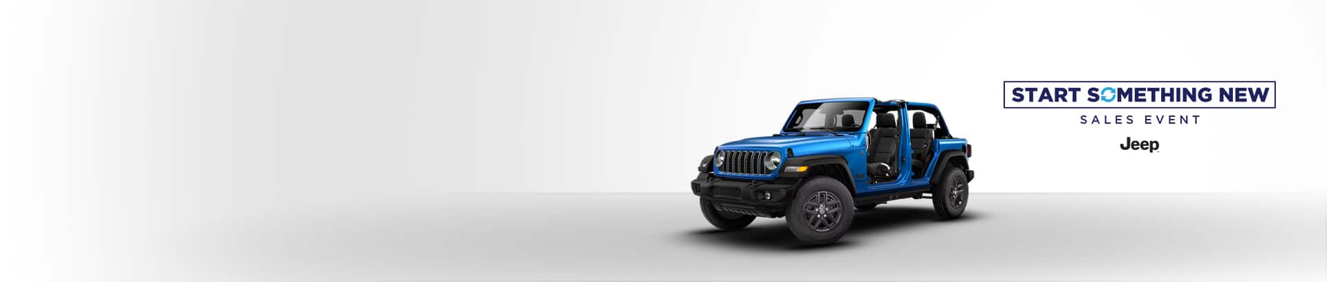 A blue 2026 Jeep Wrangler Sport S 4-door with its doors and top removed. The Start Something New Sales Event. Jeep.