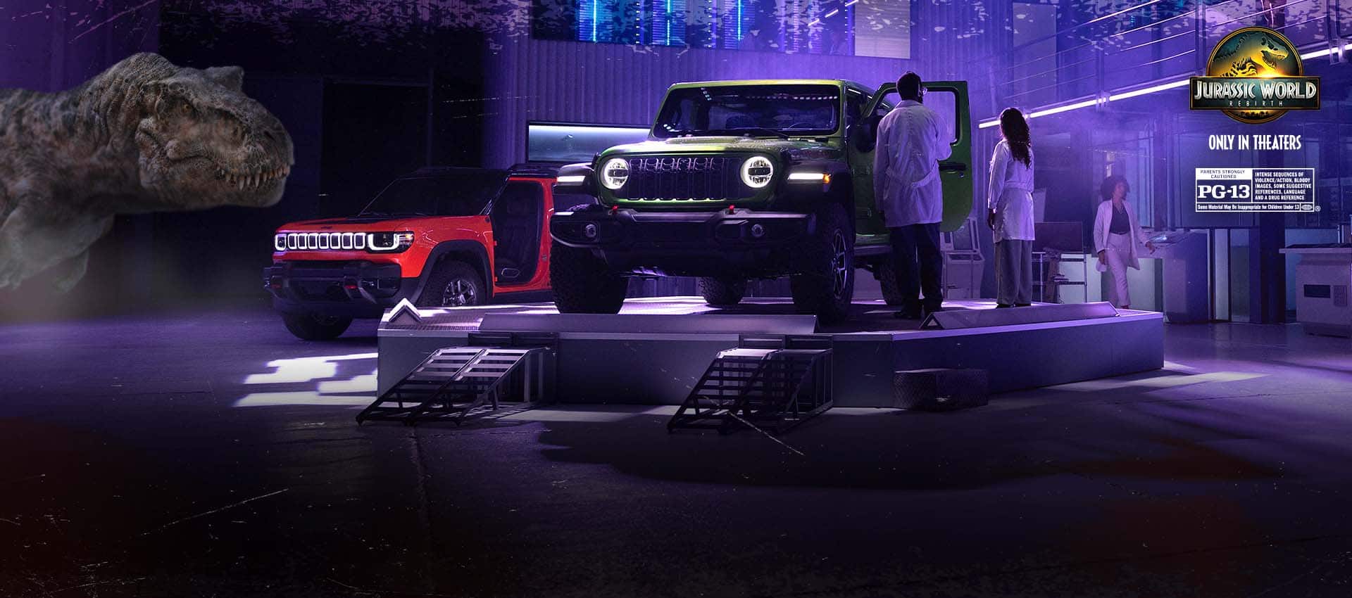 A lime green 2025 Jeep Wrangler Rubicon on a raised platform in a research lab with two technicians nearby, a red Jeep Recon EV in the background with its doors removed and raptor claw marks on the edges of the frame.