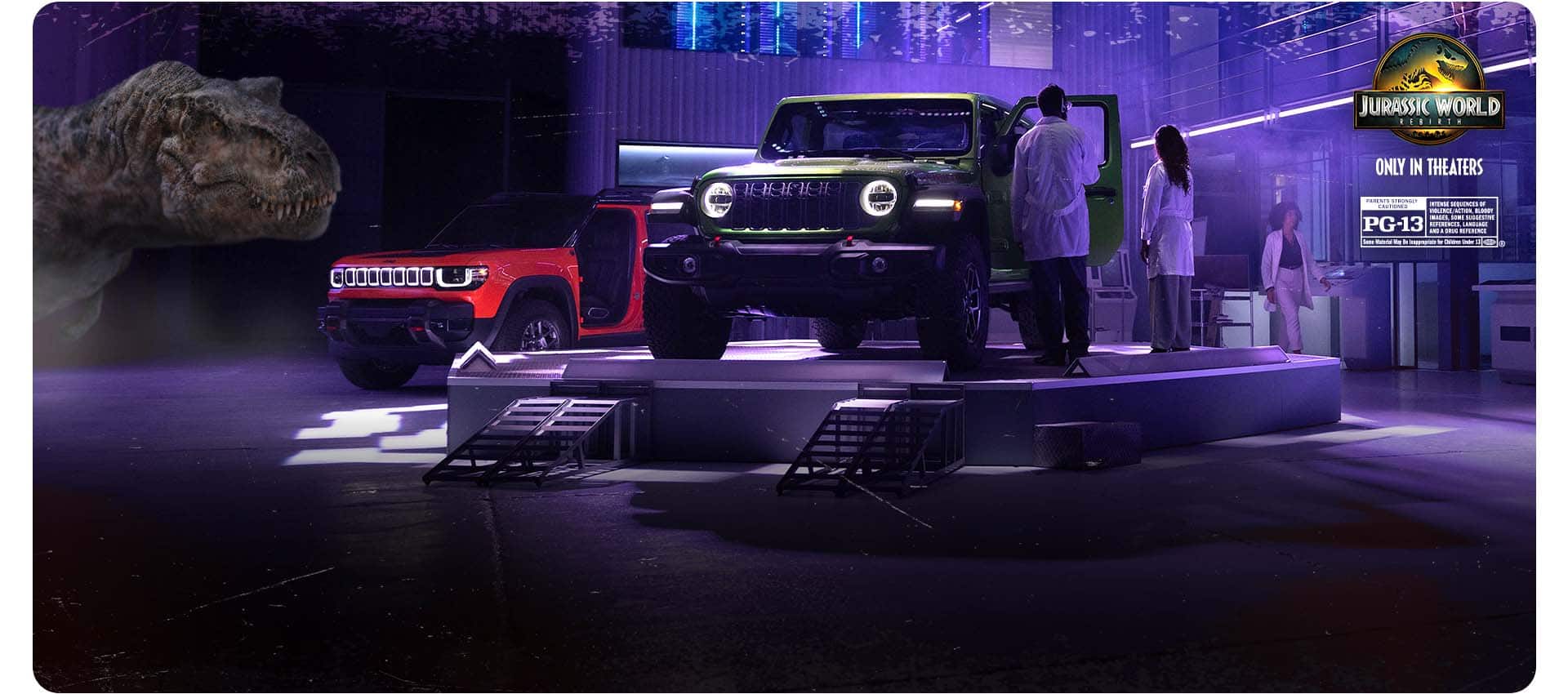 A lime green 2025 Jeep Wrangler Rubicon on a raised platform in a research lab with two technicians nearby, a red Jeep Recon EV in the background with its doors removed and raptor claw marks on the edges of the frame.