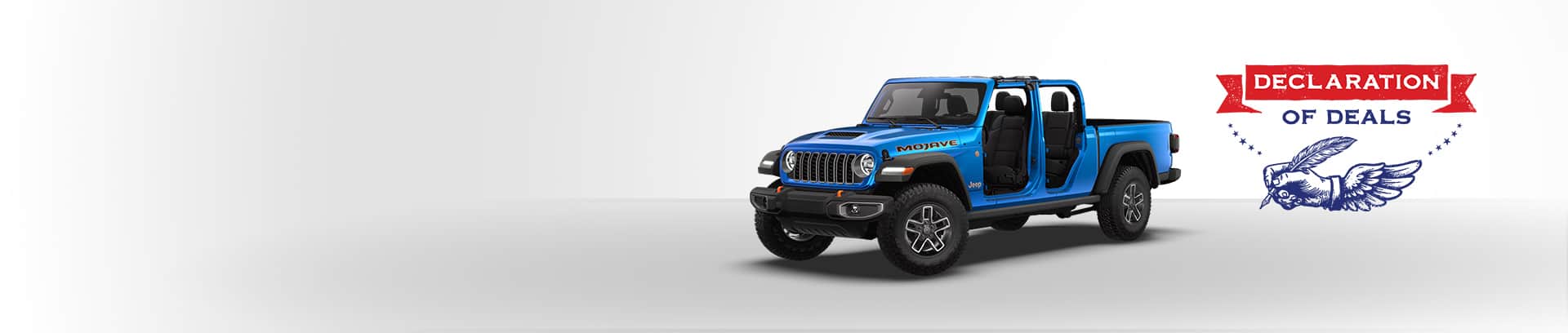 A blue 2026 Jeep Gladiator Mojave with its doors and top removed. Declaration of Deals.