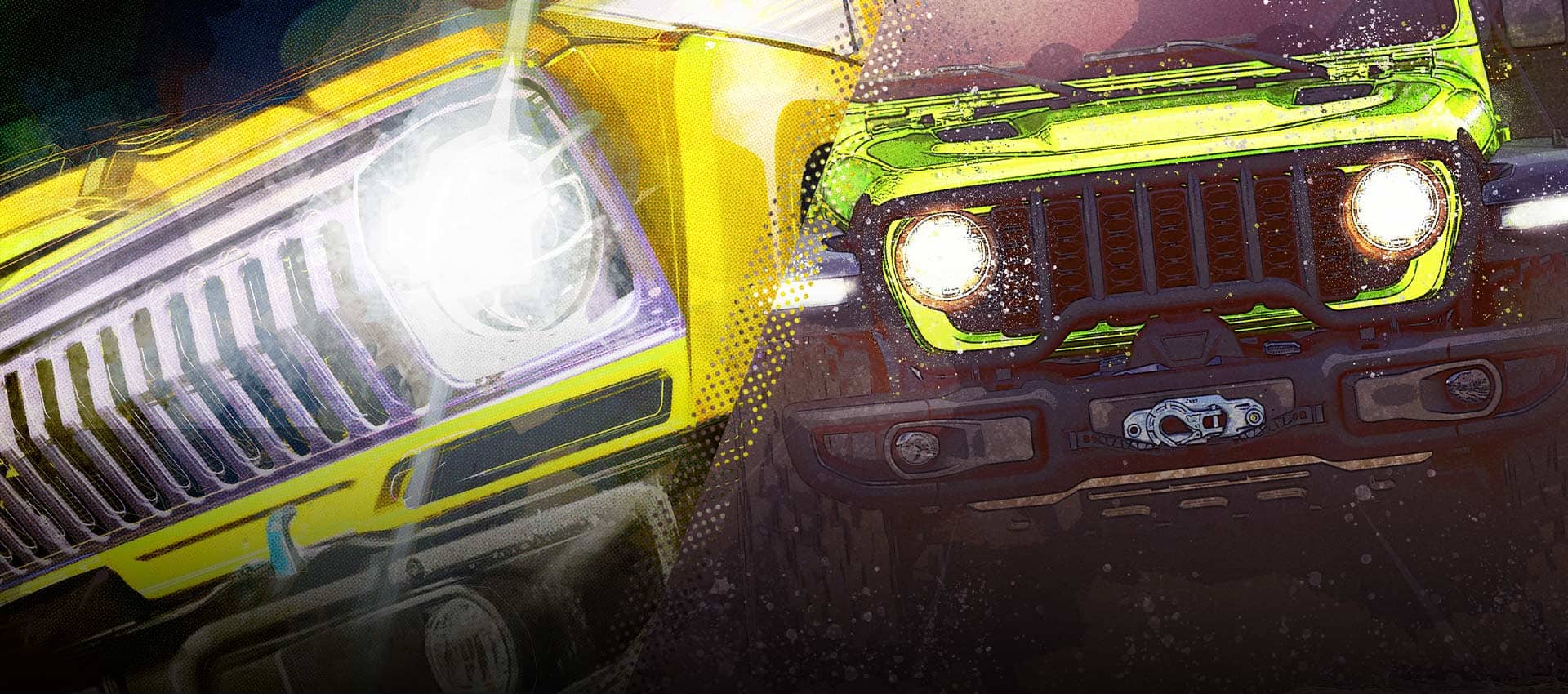 A split screen of two illustrations. On the left, an extreme angle of the front end of a yellow Jeep concept vehicle. On the right, a head-on angle of a lime green Jeep concept vehicle.