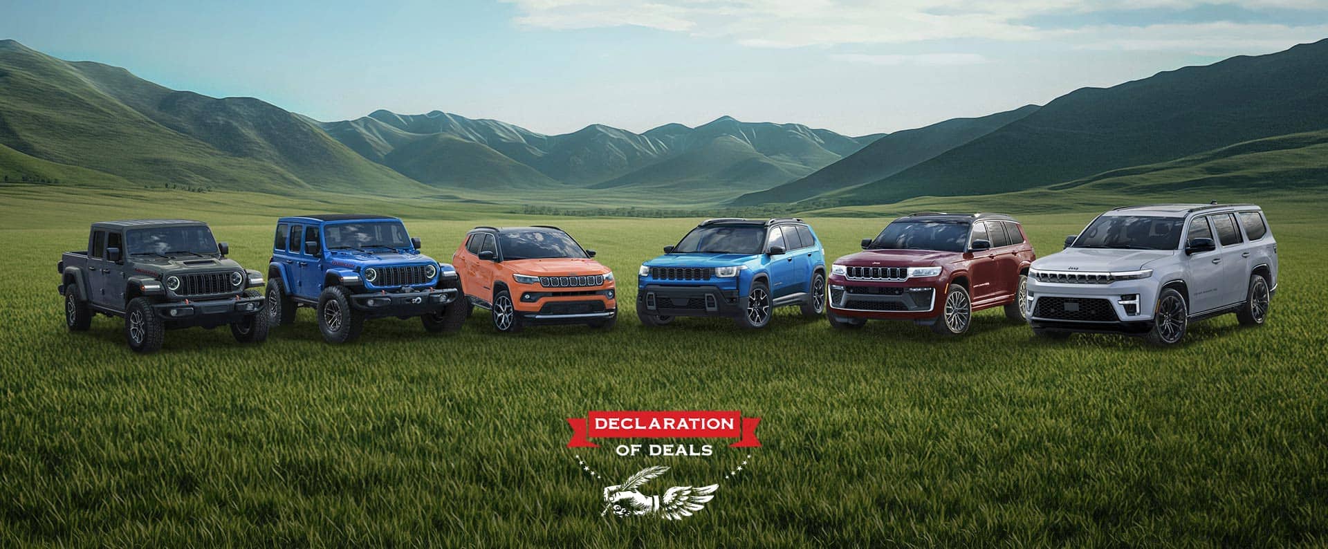 A lineup of six Jeep Brand vehicles parked on a grassy clearing with mountains in the background. From left to right: a gray 2026 Gladiator Mojave X, a blue 2026 Wrangler Rubicon X, an orange 2026 Compass Limited, a blue 2026 Cherokee Overland, a red 2026 Grand Cherokee Summit and a silver 2026 Grand Wagoneer Summit Reserve. Declaration of Deals.