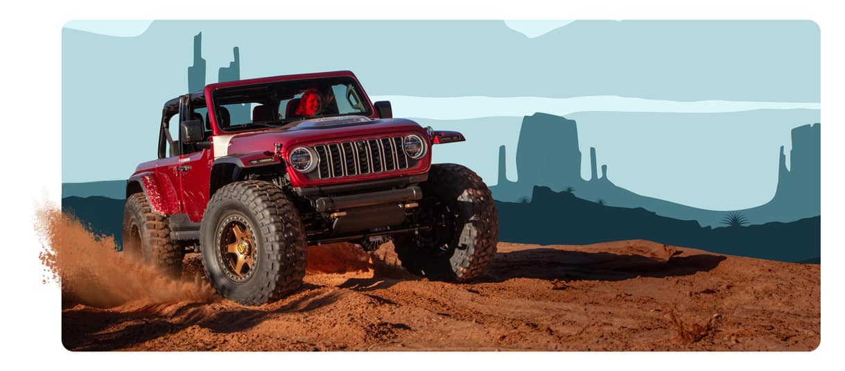 A red 2025 Jeep Brand concept vehicle with an illustrated background.