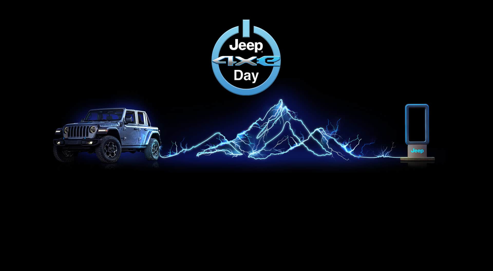 A 2023 Jeep Wrangler Rubicon 4xe with arcing electricity forming the shape of a mountain range and connecting it with a Jeep charging station. The Jeep 4xe Day logo.