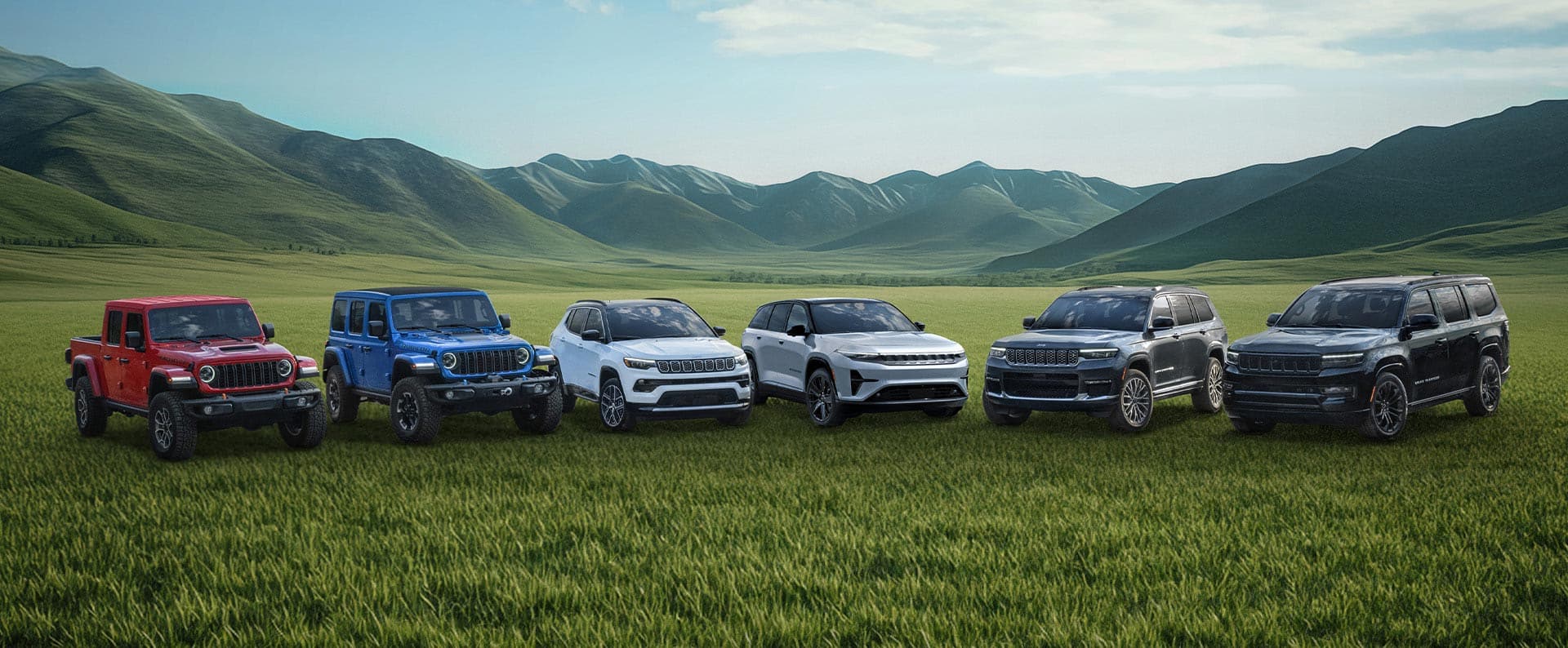A lineup of six Jeep Brand vehicles parked in a semicircle on grass on a clearing in the mountains. From left to right a red 2025 Jeep Gladiator Mojave X, a blue 2025 Jeep Wrangler Rubicon X 4xe, a white 2025 Jeep Compass Limited, a grey 2025 Wagoneer S, a black 2025 Grand Cherokee Summit Reserve and a black 2025 Jeep Grand Wagoneer Obsidian.