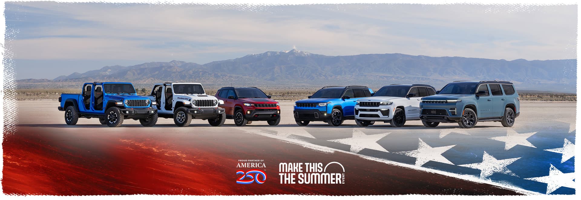 A lineup of six 2026 Jeep Brand vehicles parked in a semicircle. From left to right: a blue Gladiator Rubicon and white Wrangler Rubicon X—both with their doors and tops removed, a red Compass Trailhawk with black hood insert, a blue Cherokee Overland, a white Grand Cherokee Summit with the Obsidian Package, and a blue gray Grand Wagoneer Upland. Proud Partner of America 250. Make This The Summer Event.
