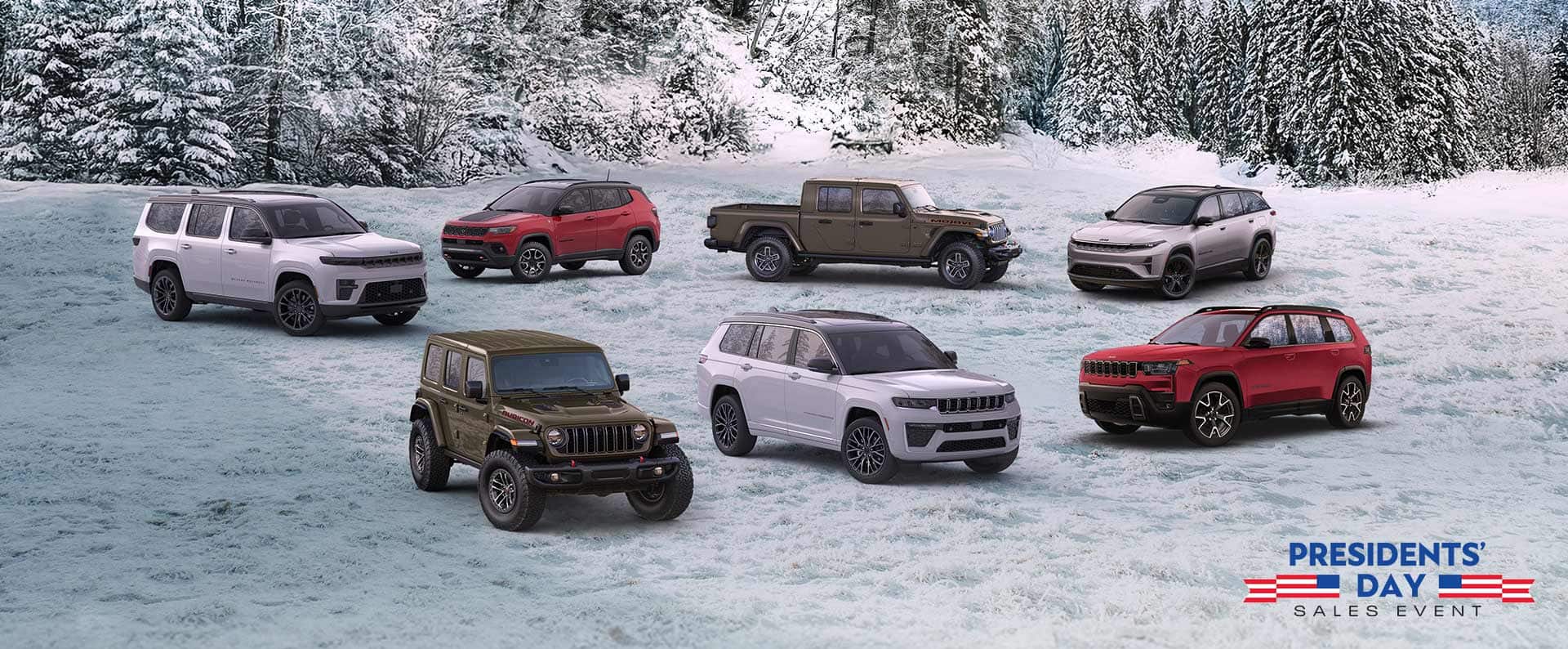 A lineup of seven 2026 Jeep Brand vehicles parked on a snow-covered clearing with a forest in the background. In the front row: an olive drab Wrangler Rubicon, a white Grand Cherokee Summit and a red Cherokee Overland. In the back row: a white Grand Wagoneer Summit Obsidian, a red Compass Trailhawk, an olive drab Gladiator Mojave and a white Wagoneer S Launch Edition. The Presidents' Day Sales Event.