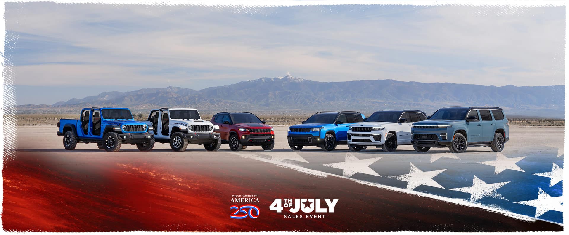 A lineup of six 2026 Jeep Brand vehicles parked in a semicircle. From left to right: a blue Gladiator Rubicon and white Wrangler Rubicon X—both with their doors and tops removed, a red Compass Trailhawk with black hood insert, a blue Cherokee Overland, a white Grand Cherokee Summit with the Obsidian Package, and a blue gray Grand Wagoneer Upland. Proud Partner of America 250. 4th of July Sales Event.