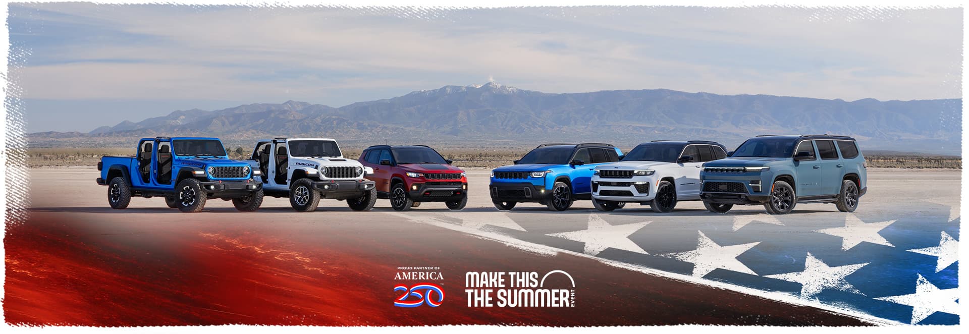 A lineup of six 2026 Jeep Brand vehicles parked in a semicircle. From left to right: a blue Gladiator Rubicon and white Wrangler Rubicon X—both with their doors and tops removed, a red Compass Trailhawk with black hood insert, a blue Cherokee Overland, a white Grand Cherokee Summit with the Obsidian Package, and a blue gray Grand Wagoneer Upland. Proud Partner of America 250. Make This The Summer Event.