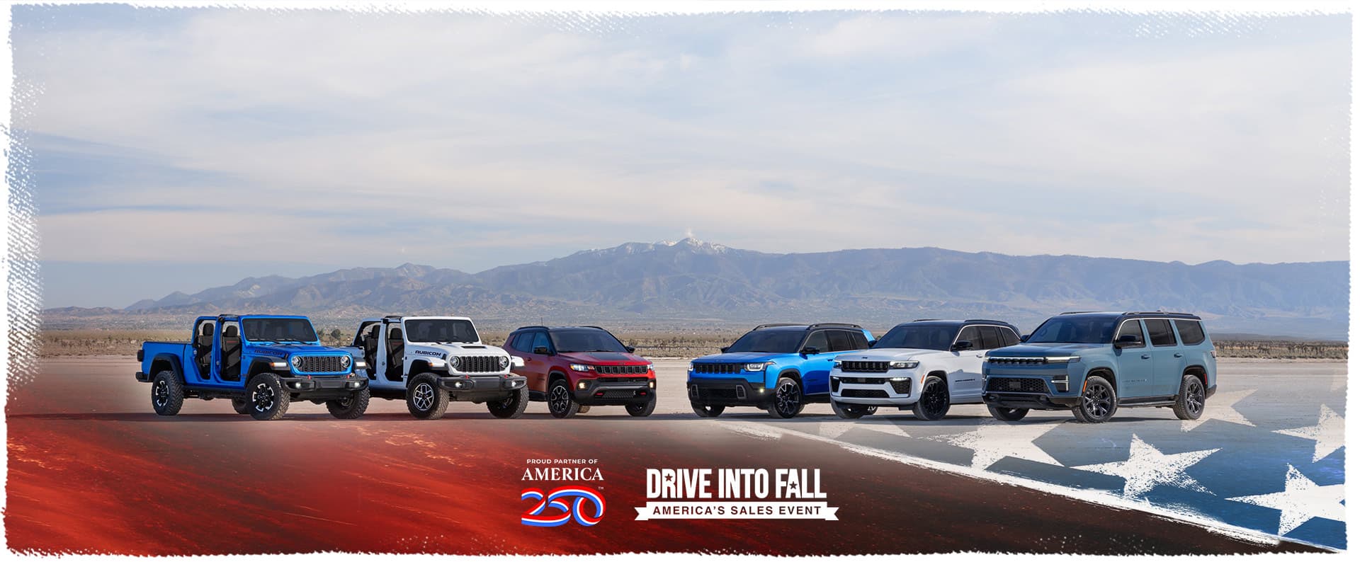 A lineup of six 2026 Jeep Brand vehicles parked in a semicircle. From left to right: a blue Gladiator Rubicon and white Wrangler Rubicon X—both with their doors and tops removed, a red Compass Trailhawk with black hood insert, a blue Cherokee Overland, a white Grand Cherokee Summit with the Obsidian Package, and a blue gray Grand Wagoneer Upland. Proud Partner of America 250. Drive Into Fall America’s Sales Event.