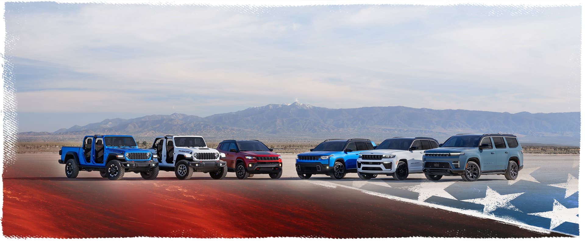 A lineup of six 2026 Jeep Brand vehicles parked in a semicircle. From left to right: a blue Gladiator Rubicon and white Wrangler Rubicon X—both with their doors and tops removed, a red Compass Trailhawk with black hood insert, a blue Cherokee Overland, a white Grand Cherokee Summit with the Obsidian Package, and a blue gray Grand Wagoneer Upland. Proud Partner of America 250. Make This The Summer Event.