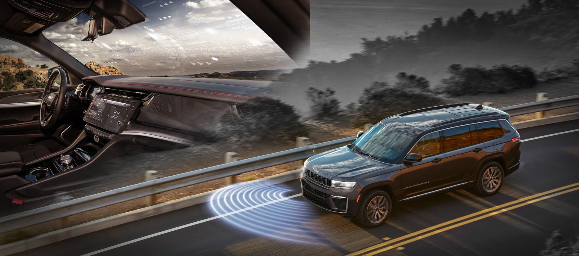 A split image, with the interior of a Jeep Grand Cherokee in the upper-left corner and an image of a Grand Cherokee driving down a country road filling the rest of the shot. Blue waves emit from the front of the Grand Cherokee to illustrate the range of its Forward Collision Warning system.