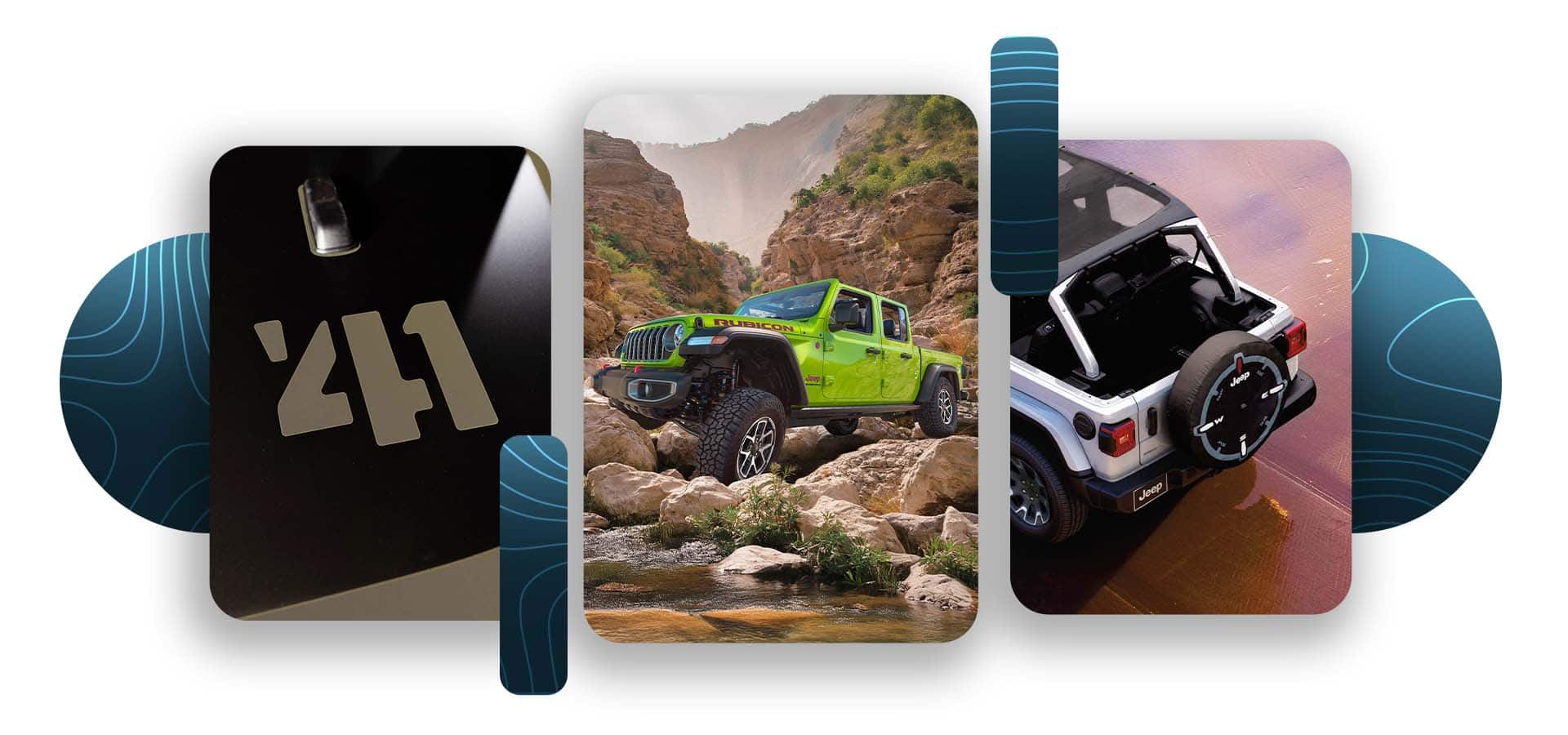 Un montaje de tres características de diseño de la marca Jeep 2026: la calcomanía '41, un Jeep Gladiator Rubicon en verde lima y la parte trasera de un Jeep Wrangler Sahara en blanco sin el techo y la ventana trasera.