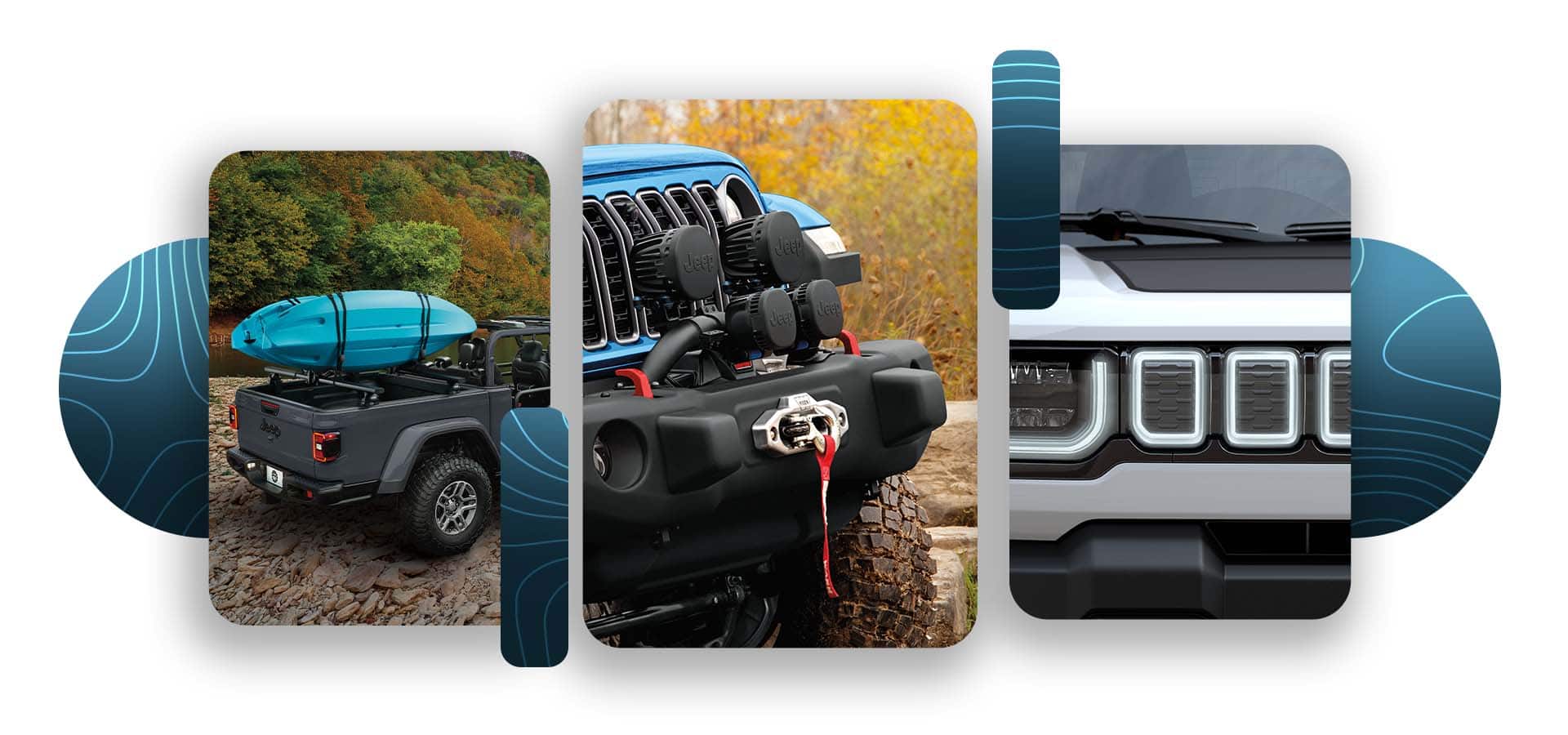 Un montaje de tres características de diseño de los vehículos de la marca Jeep 2026: la caja de carga de un Jeep Gladiator gris con un kayak sujeto a los rieles de la caja, un protector tubular de parrilla con luces LED y cabrestante en la parte delantera de un Jeep Wrangler, y la parrilla iluminada de un Jeep Recon blanco.