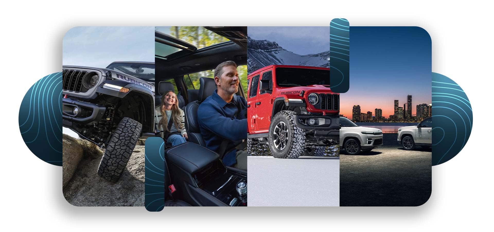 Un montaje de cuatro características de diseño de los vehículos de la marca Jeep 2026: un neumático de un Wrangler Rubicon, el interior de un Grand Cherokee con el techo corredizo abierto y un conductor y pasajero en su interior, un Wrangler Rubicon X rojo sobre la nieve y dos modelos Grand Wagoneer, ambos de color blanco, enfrentados entre sí y estacionados junto al agua al atardecer.