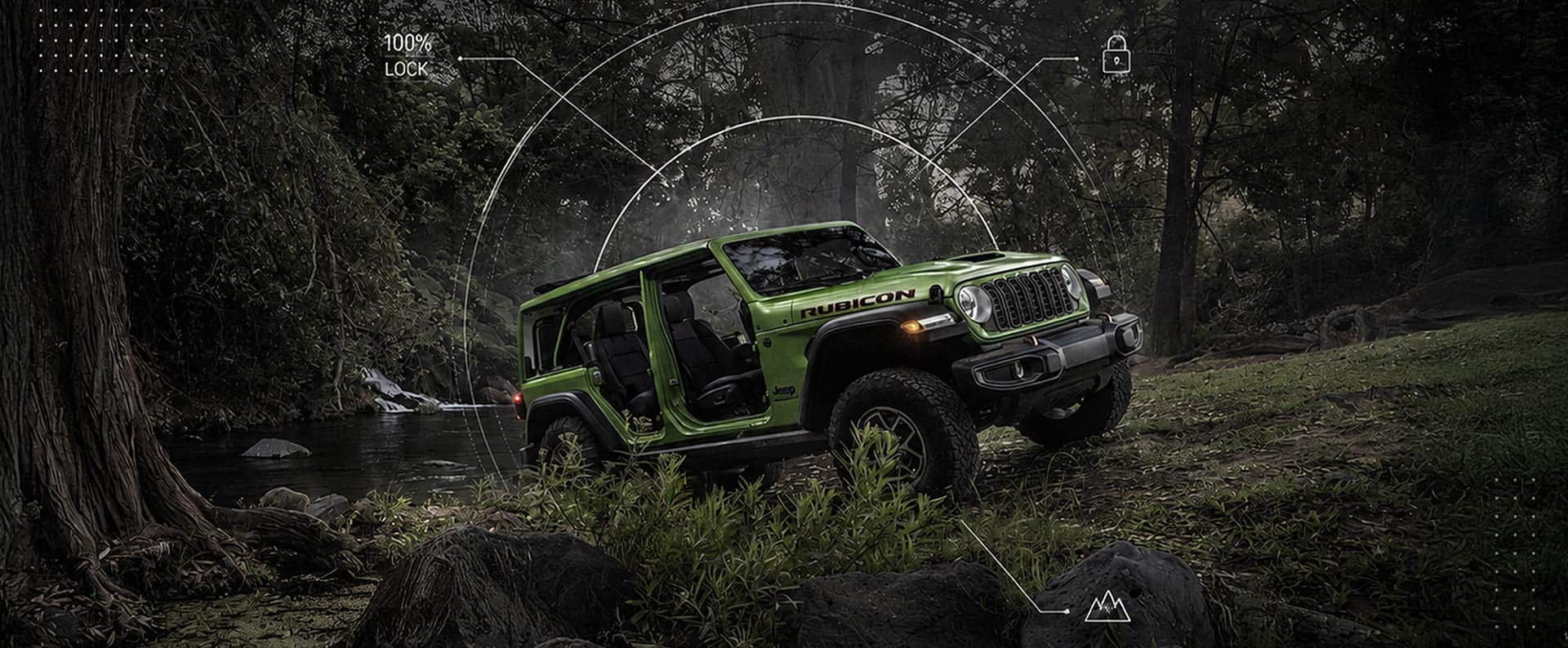 Un Jeep Wrangler Rubicon 2026 verde lima de cuatro puertas, con las puertas extraídas, saliendo de un arroyo en el bosque, fuera de la carretera. Se dibuja un semicírculo alrededor del vehículo con una anotación: 100% bloqueado y dos símbolos: un candado y unas montañas.