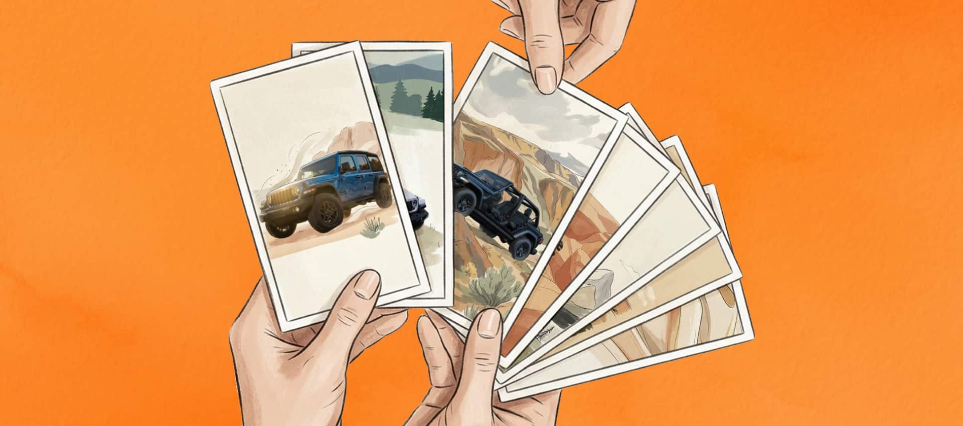 A pair of illustrated hands offering cards to someone else. Each card depicts a different Jeep Brand vehicle in an off-road setting.