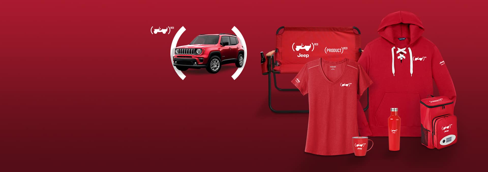 The Jeep Red logo. A set of Jeep Red branded merchandise including a tailgate chair, t-shirt, hoodie, mug, canteen and coolerpack.