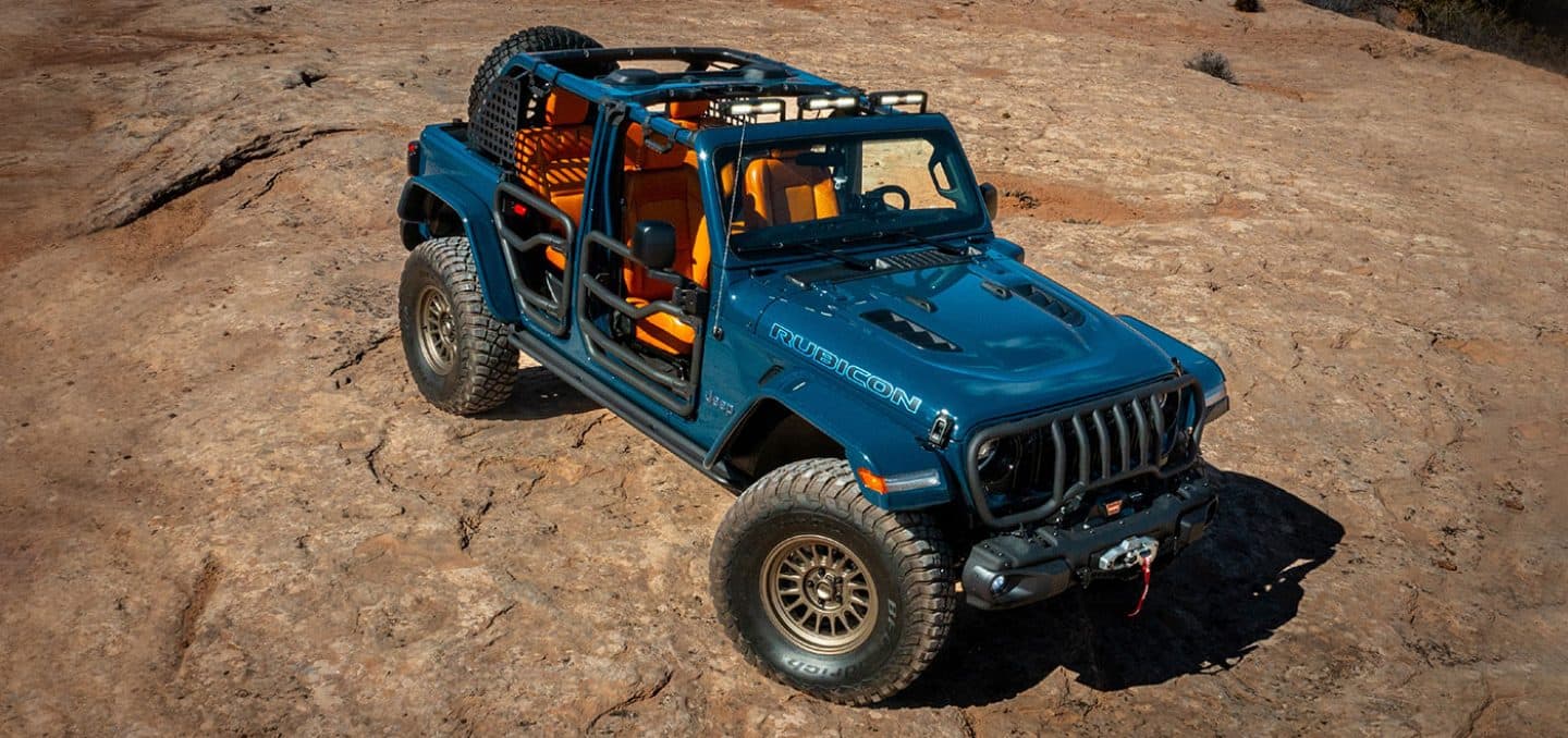 Display A raised front driver-side angle of the Jeep Wrangler Rubicon 4xe Departure Angle Concept.