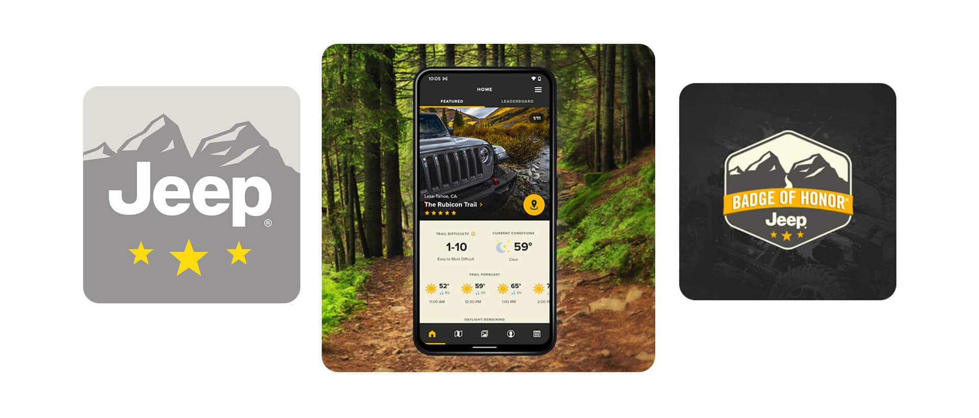Un smartphone mostrando el Rubicon Trail en la aplicación del Emblema de Honor de Jeep.