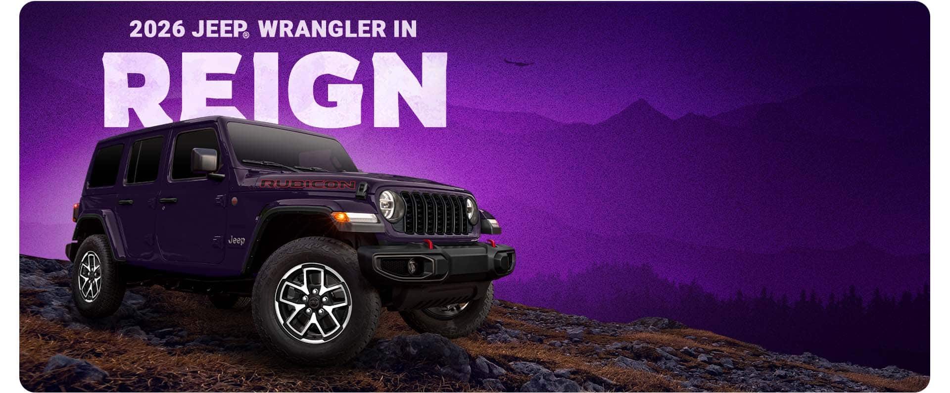 A dark purple 2026 Jeep Wrangler Rubicon four-door with illustrated mountains in the background. 2026 Jeep Wrangler in Reign.