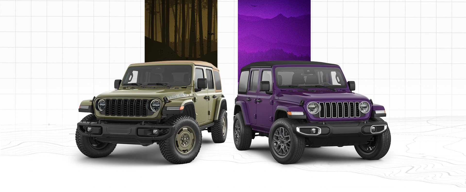 Two Jeep Wrangler models: From left to right, an olive drab 2026 Jeep Wrangler Willys '41 4-door with tan top and a dark purple 2026 Jeep Wrangler Sahara 4-door with black top.