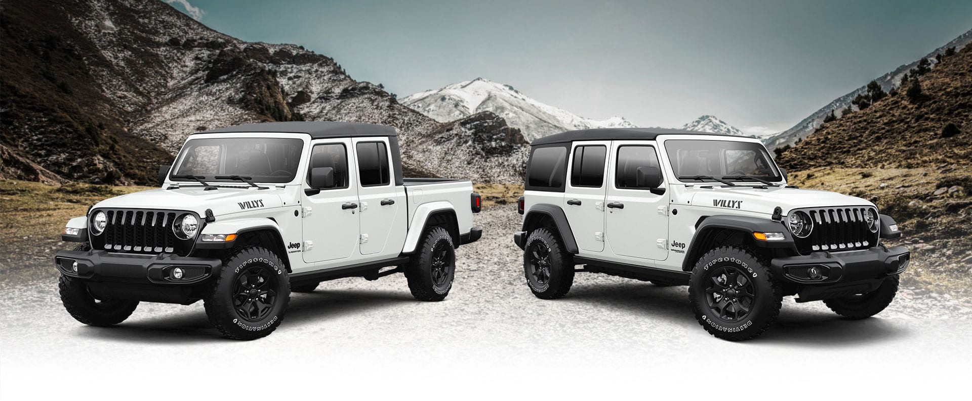 The 2022 Jeep Gladiator Willys and Jeep Wrangler Willys on a snow-dusted field in the mountains.