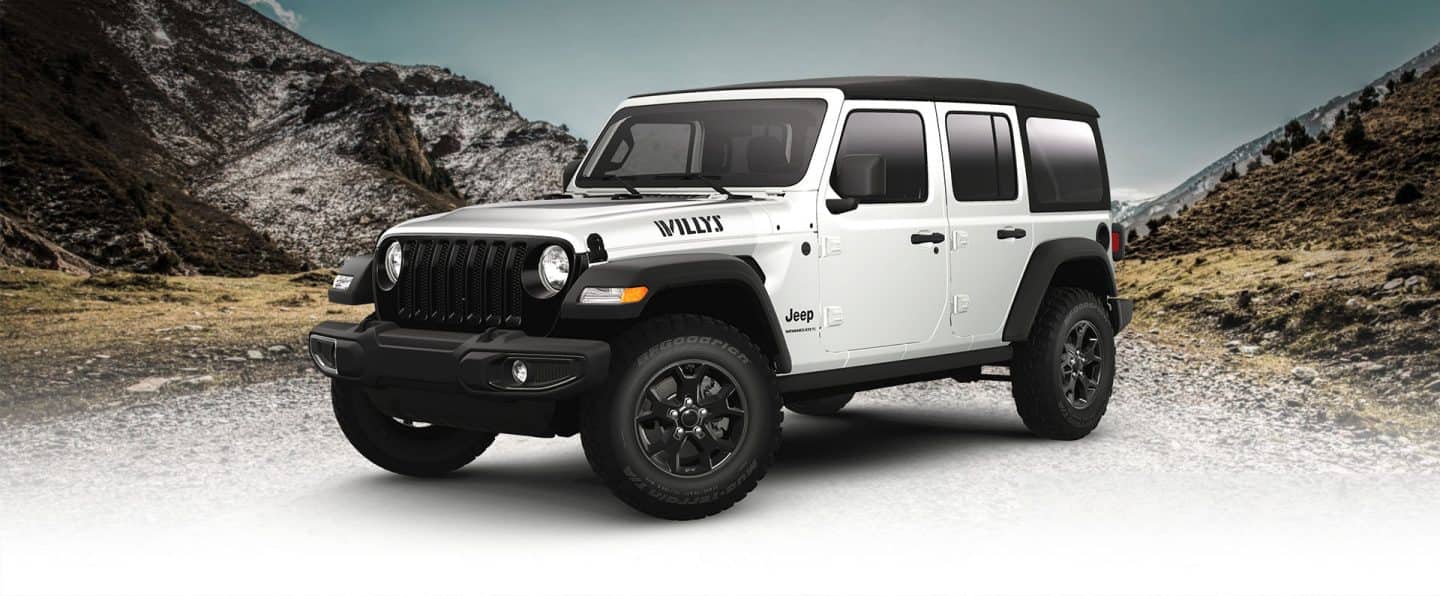 The exterior of the 2023 Jeep Wrangler Willys Sport in white, with several other exterior colors selectable.