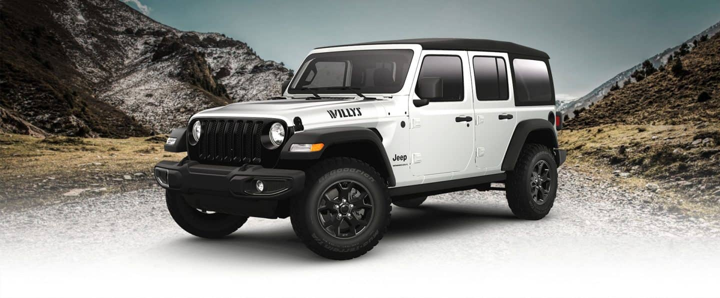 El exterior del Jeep Wrangler Willys Sport 2023 en blanco, con varios otros colores de exterior que pueden seleccionarse.