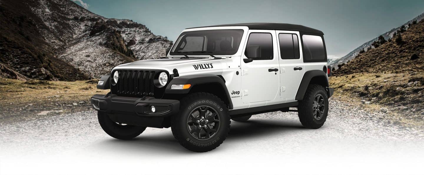 The exterior of the 2023 Jeep Wrangler Willys in white, with several other exterior colors selectable.