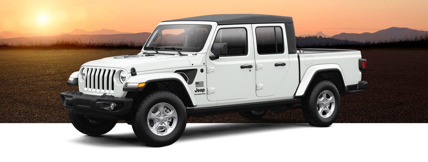 A three-quarter side view of a 2021 Jeep Gladiator Freedom Edition in Bright White, one of 10 selectable colors.