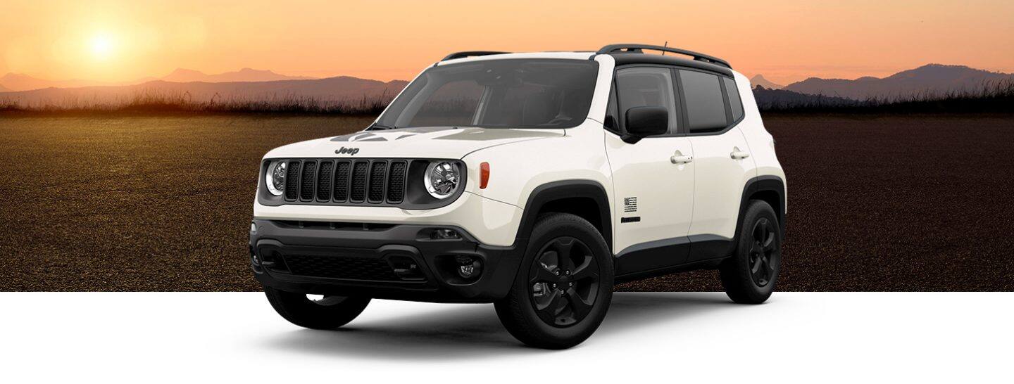 A three-quarter front view of a 2021 Jeep Renegade Freedom Edition in Alpine, one of four selectable colors.