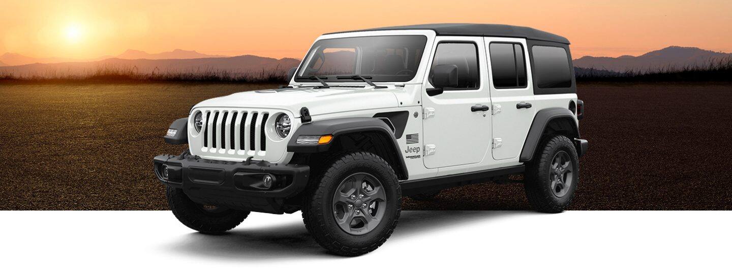 A three-quarter side view of a 2021 Jeep Wrangler Freedom Edition in Bright White, one of 12 selectable colors.
