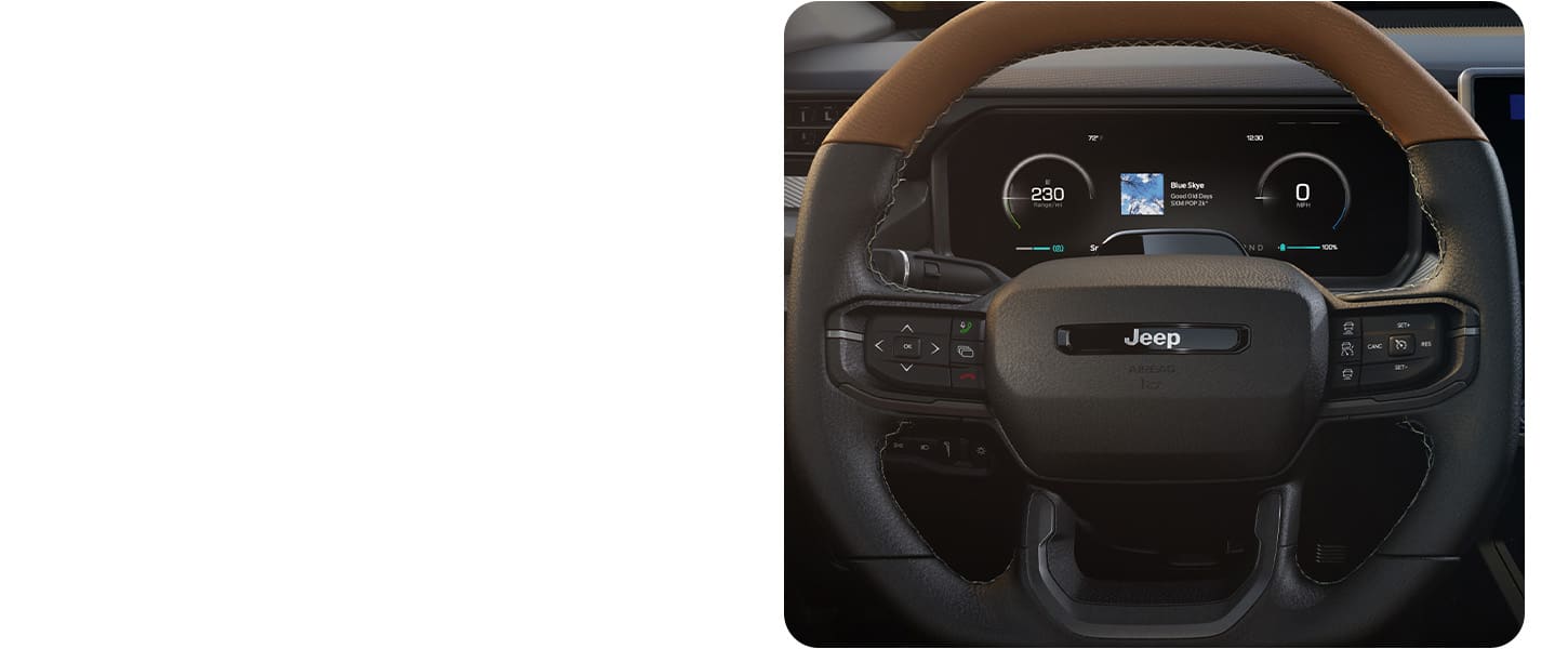 El volante y la pantalla digital en el panel de instrumentos del Jeep Recon 2026.