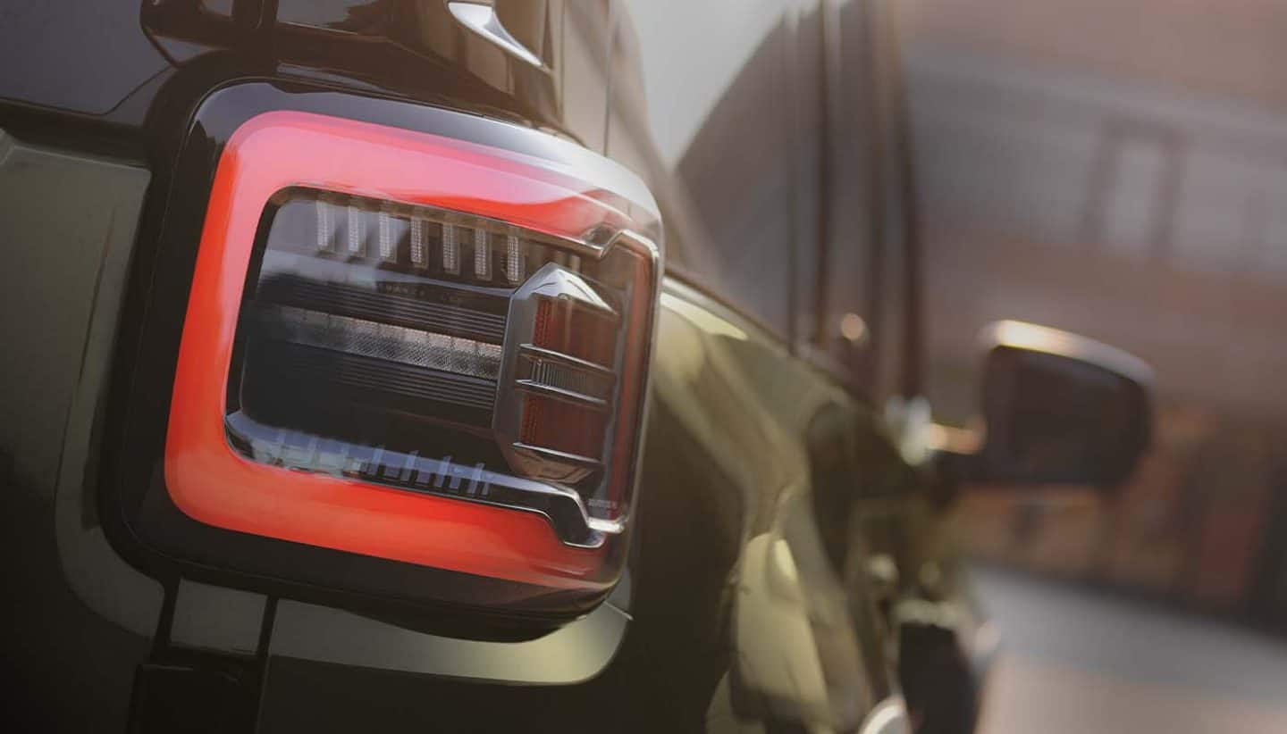 Display A close-up of the passenger-side taillamp on the olive drab 2026 Jeep Recon.