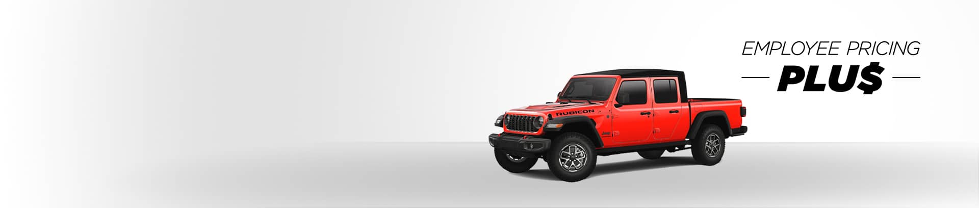 A red 2025 Jeep Gladiator Rubicon 4x4. Employee Pricing Plus.