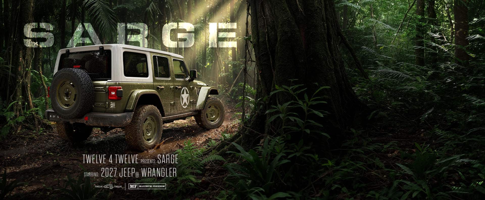 A rear angle of an olive drab 2027 Jeep Wrangler Sarge Rubicon four door with a white hardtop and a white World War 2 Circle Star on its front doors—traveling on a trail in the jungle. Sarge. 12 for 12 presents Sarge. Starring 2027 Jeep Wrangler. 12 for 12. MF Maximum Freedom.