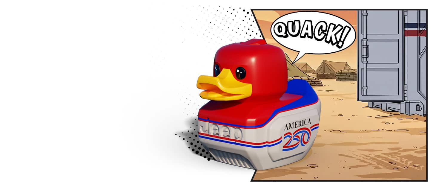 El pato Jeep America 250 Edition diciendo "Cuac" en un campamento militar de dibujos animados, cerca de una caja abierta.