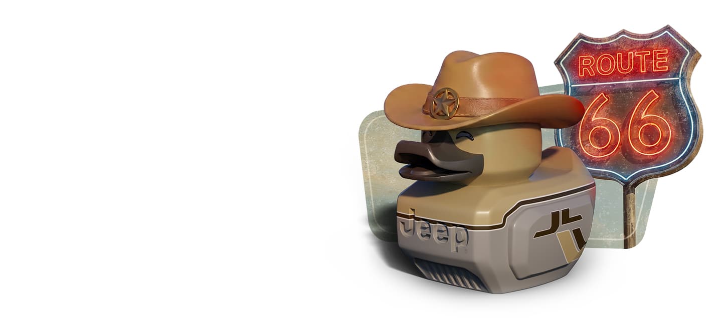 Un Jeep Duck de color tostado y gris con las iniciales JL en su costado, que lleva un sombrero de vaquero marrón caramelo con una insignia de estrella de sheriff en el centro.
