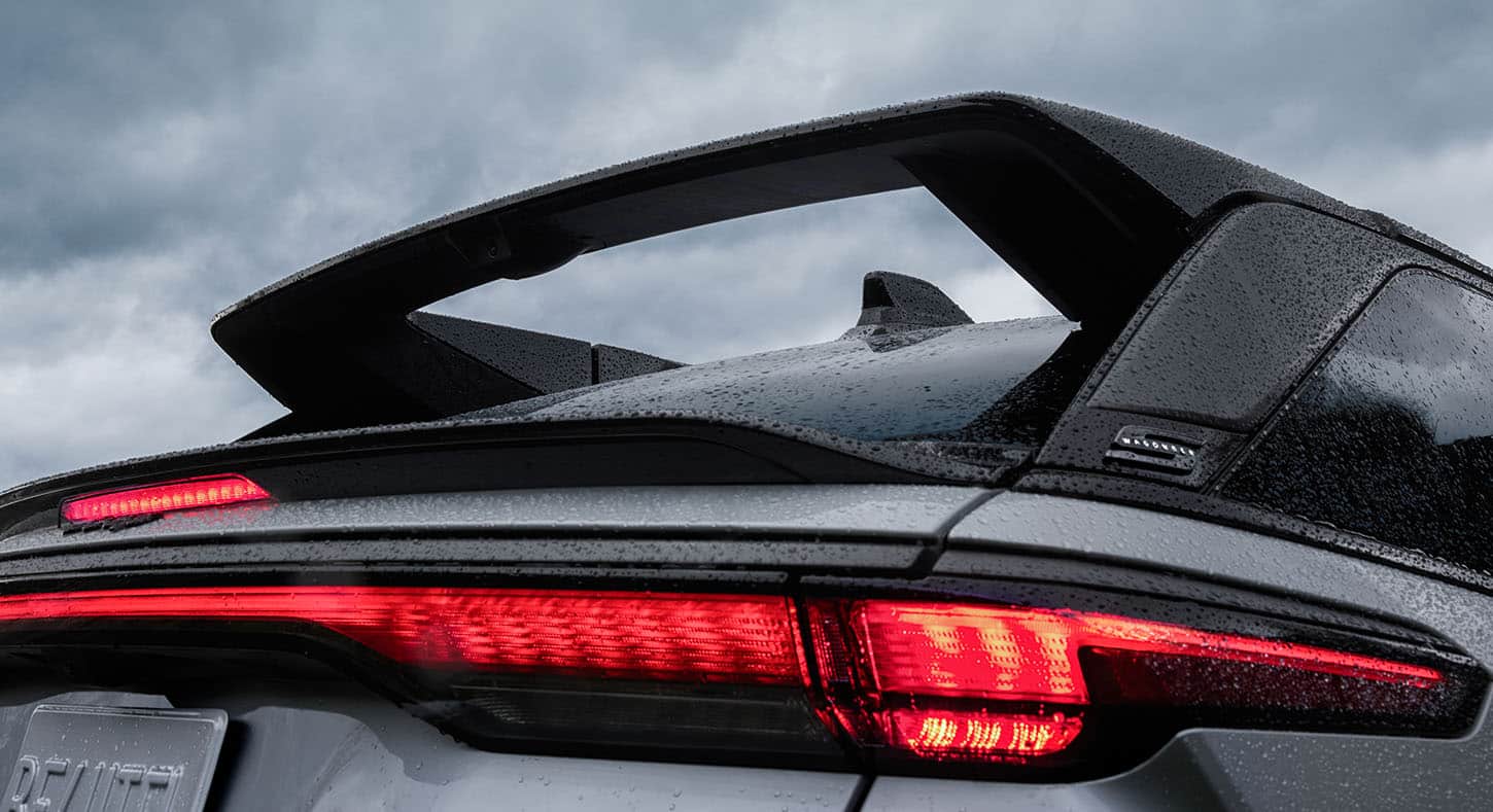 The rear spoiler on a black 2024 Jeep Wagoneer S Launch Edition.