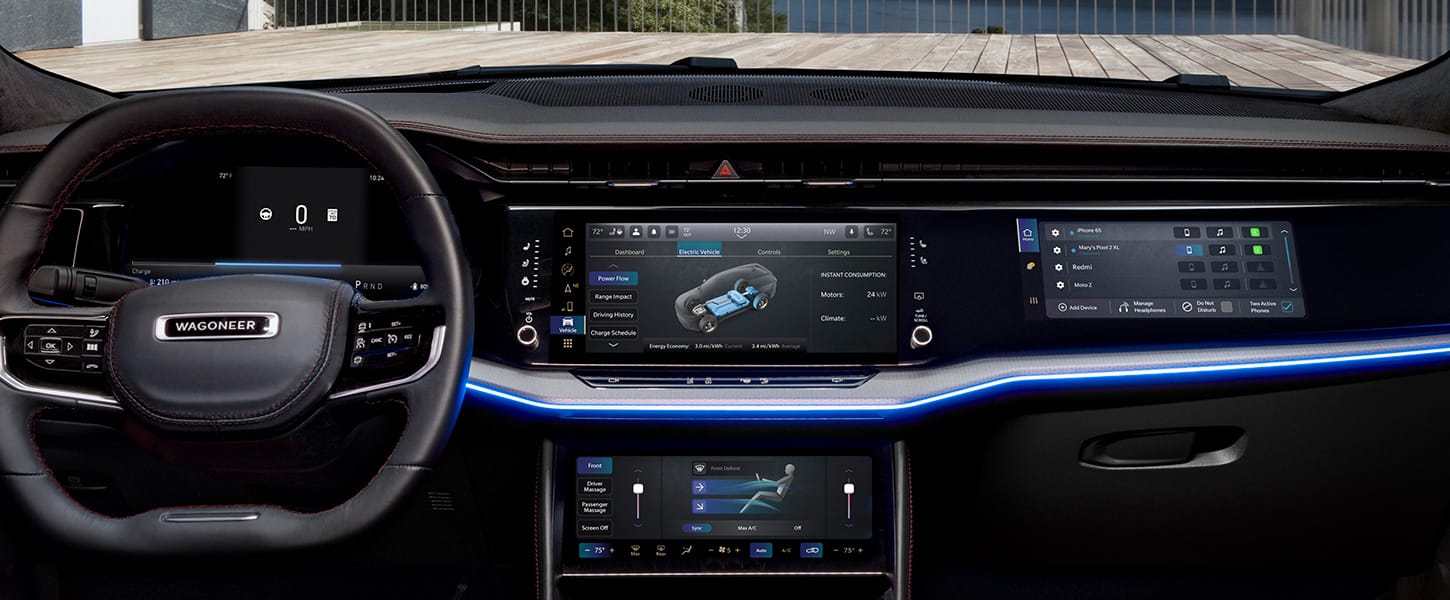 The interior of the 2024 Jeep Wagoneer S Launch Edition focusing on the steering wheel, Digital Cluster Display, Uconnect touchscreen and the climate control screen. The touchscreen is displaying the vehicle's Power Flow data.
