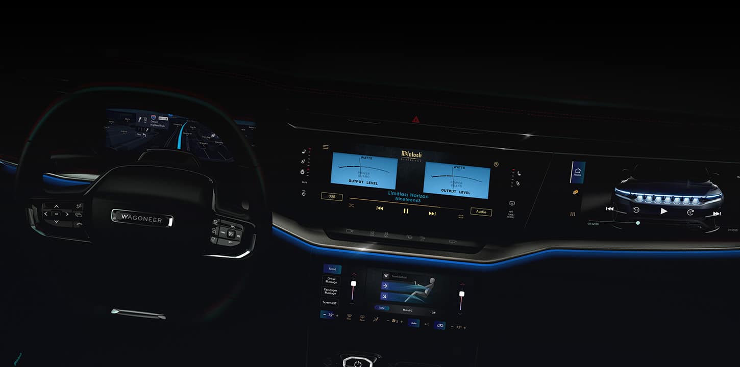A ribbon of blue ambient light outlining the dash in a 2025 Jeep Wagoneer S Launch Edition.