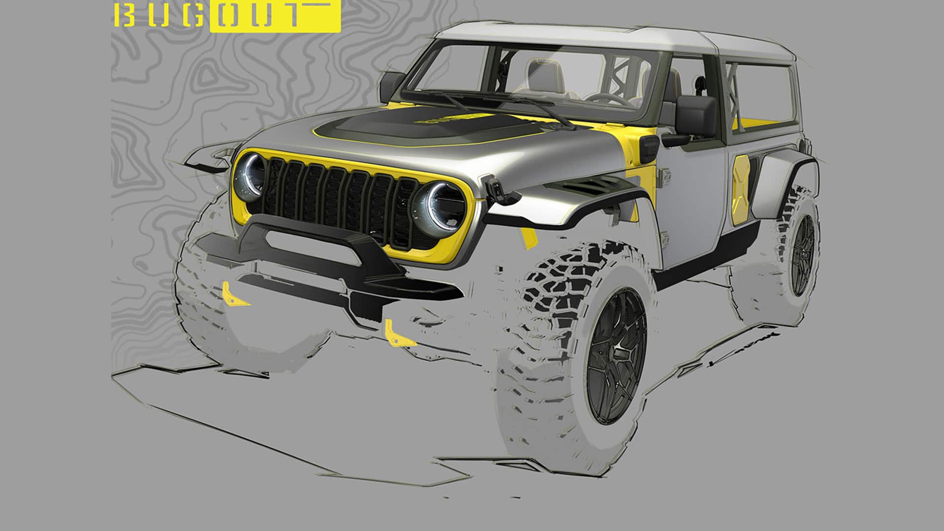 An unfinished illustration of the Jeep Bug Out 4xe Concept vehicle. Bug Out.