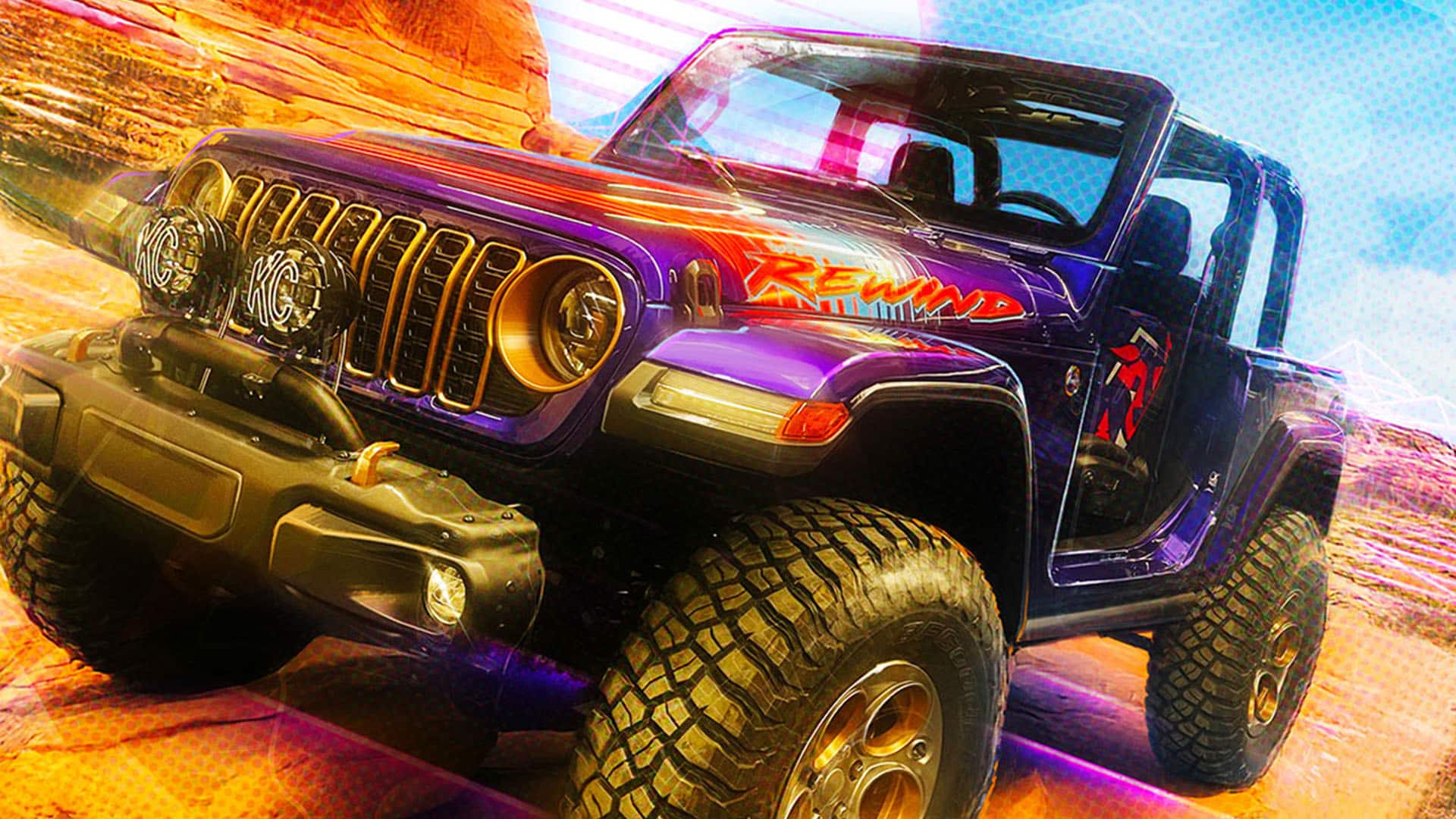 The Jeep Rewind Concept vehicle with illustrated shades of yellow, gold, orange and red streaking across the image.