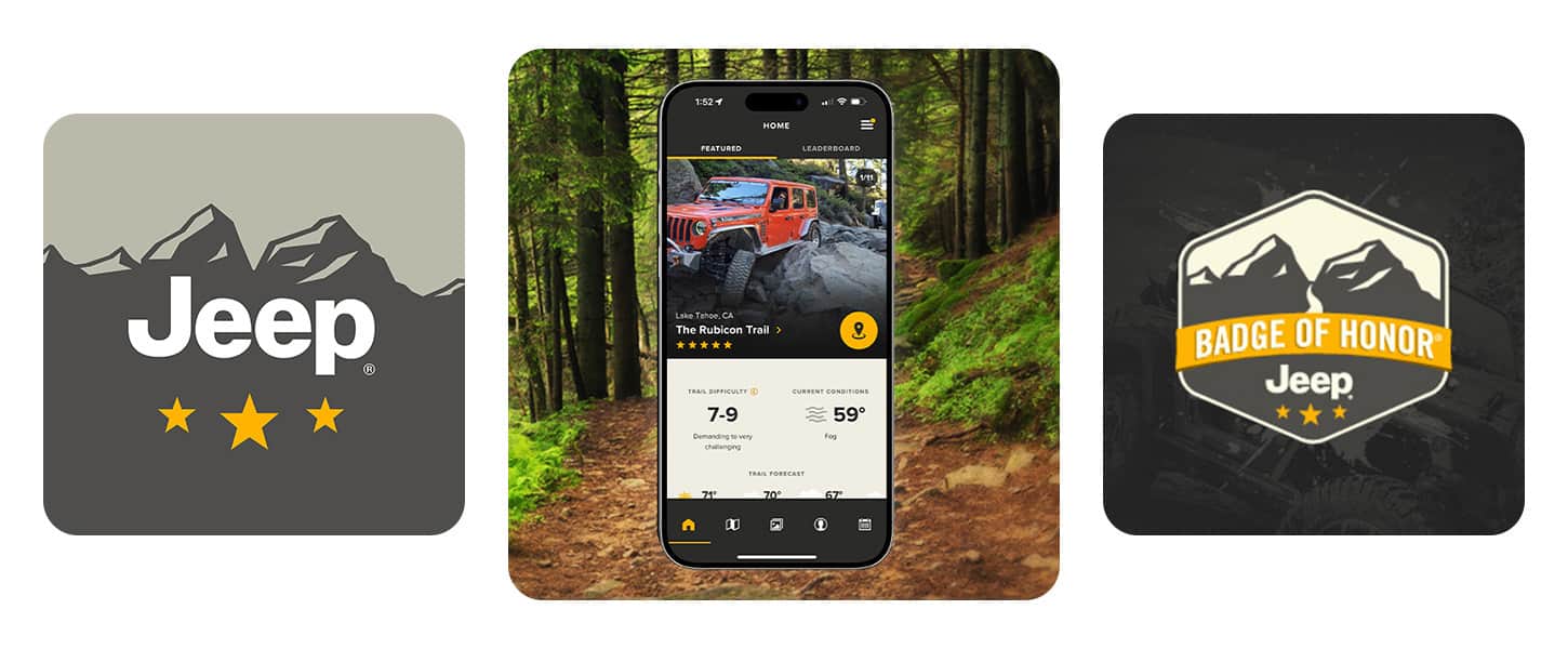 The Jeep logo over an illustrated mountain range, a smartphone displaying a page from the Jeep Badge of Honor app and the Jeep Badge of Honor logo.